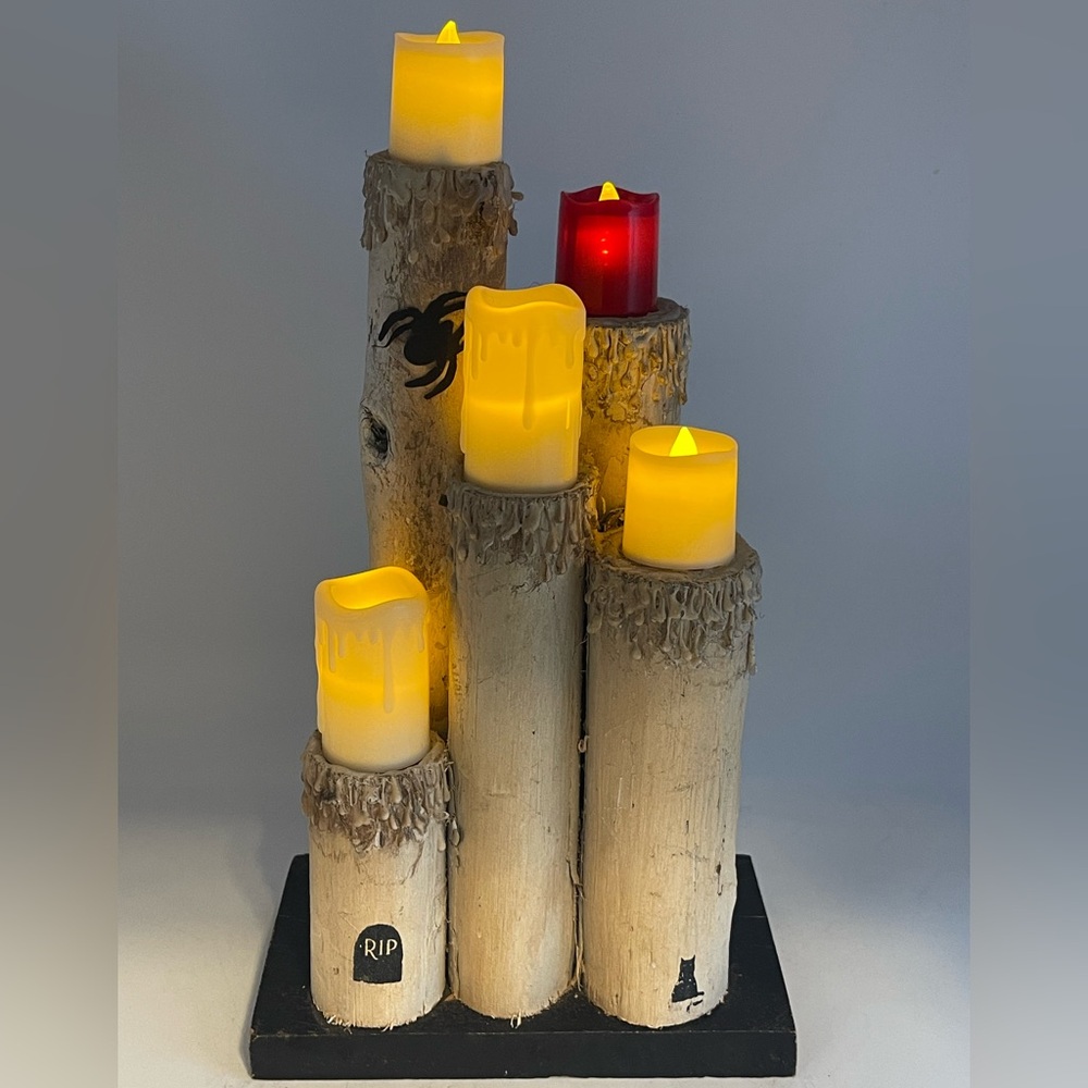 Gothic Halloween Graveyard Hand Crafted Wood Log Candle Holder Rustic Spooky RIP